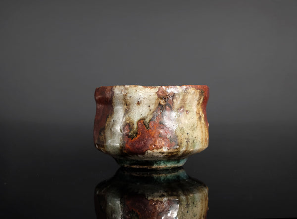A handmade ceramic sake cup with a rustic, hand-painted glaze featuring mottled red, brown, beige, and green colors, set against a dark gray background with a reflective black surface below.