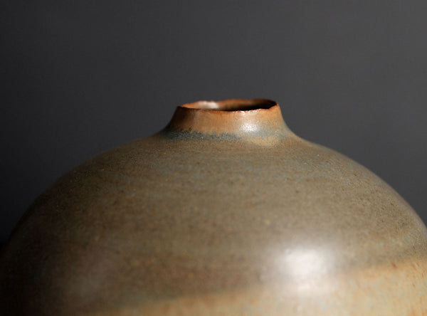 Close-up of a ceramic vase with a rounded, bulbous body and a narrow, slightly flared neck, featuring a speckled earthy brown and beige glaze against a dark gray background.