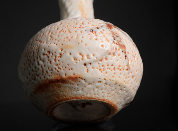 Close-up of a textured ceramic object with brown speckles on a black background