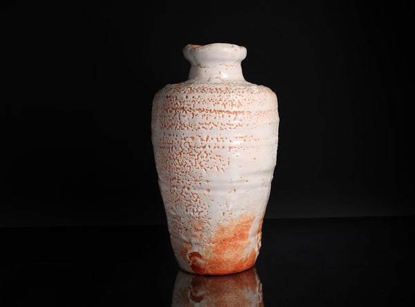 White ceramic vase with brown accents on a black background