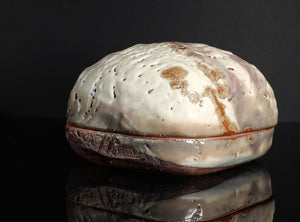 A handmade ceramic lidded box with a textured, organic-shaped cream and brown glazed top and a rustic dark brown base, displayed on a reflective black surface against a black background.