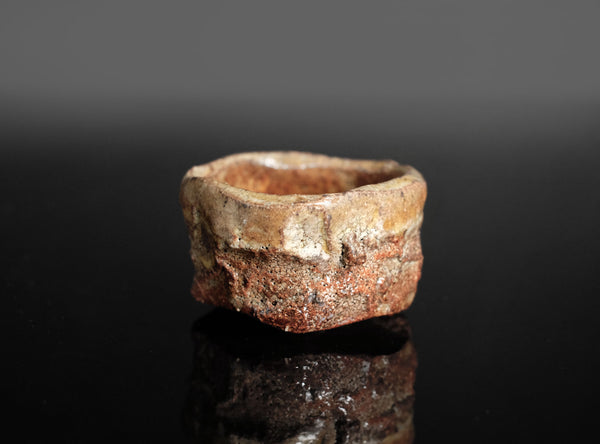 A rustic, handcrafted ceramic cup with a rough, textured surface resembling natural stone, featuring earthy brown, beige, and reddish tones, set against a dark reflective background