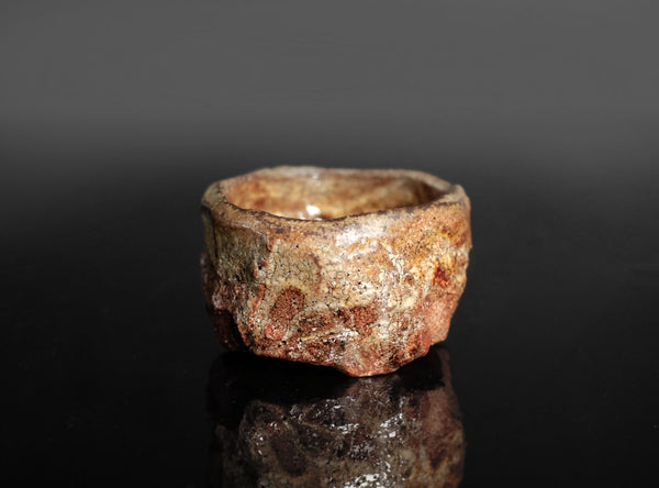 A rustic, handcrafted ceramic cup with a rough, textured surface resembling natural stone, featuring earthy brown, beige, and reddish tones, set against a dark reflective background.