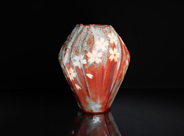 A Nezumi Shino Flower Vase with Spring and Autumn Motif