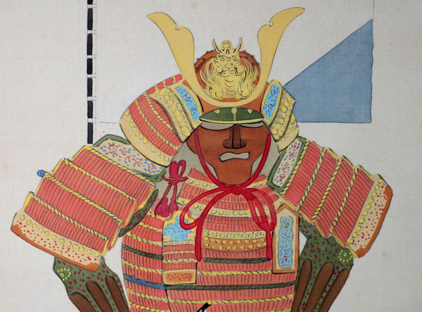 A colorful hand-drawn illustration of a samurai warrior in ornate armor, centered on a light background with a blue geometric shape behind the figure.