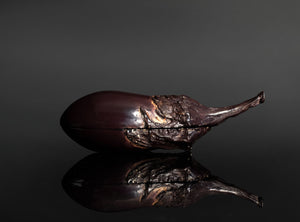 A sculptural eggplant-shaped object with a glossy dark purple body and textured brown stem, photographed on a reflective black surface against a dark gray background.