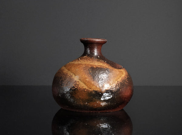Brown ceramic vase on a reflective surface with a dark background