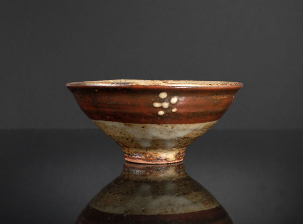 Ceramic bowl with brown and white glaze on a dark background