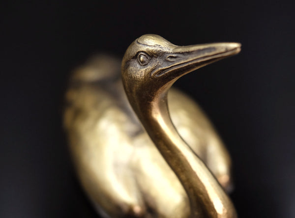 Bronze sculpture of a pelican on a black background