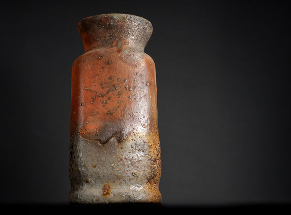 Rust-colored vase against a black background