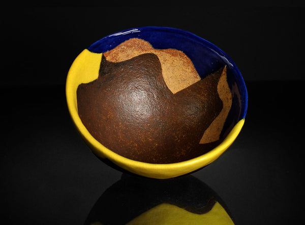 Brown fruit in a yellow bowl with a blue rim on a black background